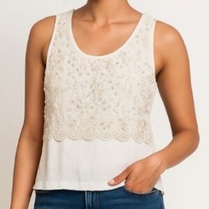 Icing 100% Rayon White Cream Sequin Embellished Crinkle Crop Tank Top M Holiday